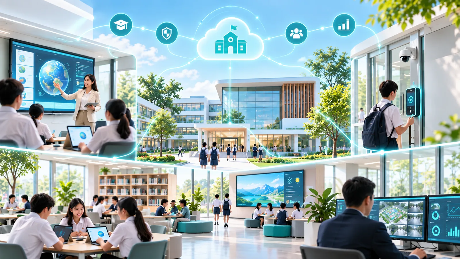 ภาพรวมโรงเรียนอัจฉริยะ: ห้องเรียนดิจิทัล ห้องสมุด อาคารเรียน ระบบควบคุมการเข้า-ออก และศูนย์กล้องวงจรปิด เชื่อมต่อกันบนแพลตฟอร์มเดียว